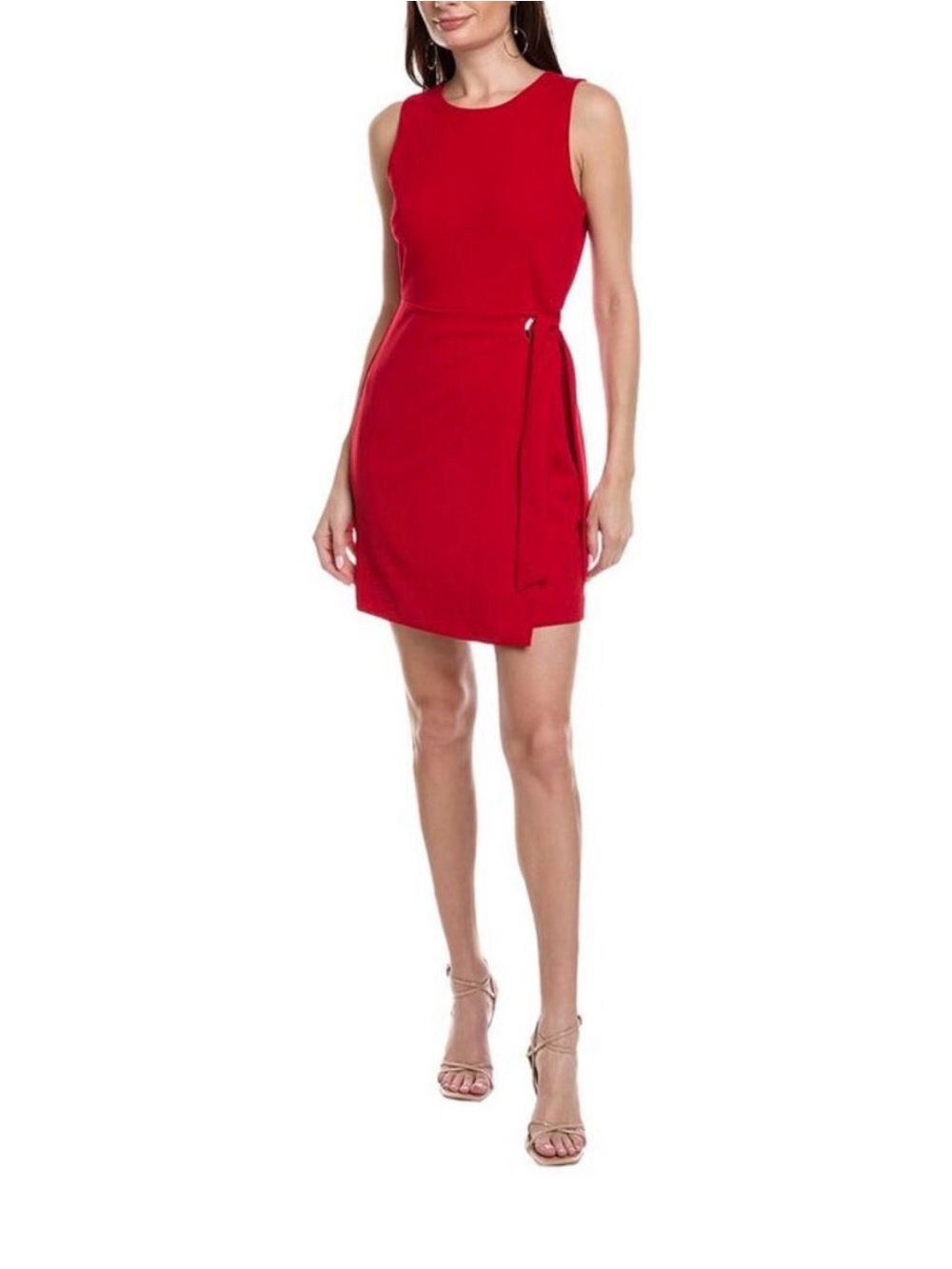 Tahari ASL Scarlet Red Faux Wrap Sheath Dress Gold Ring Tie NWT